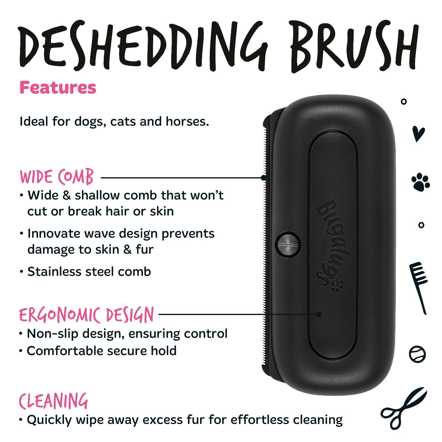 Bugalugs Deshedding Brush features — wide stainless steel comb and ergonomic handle