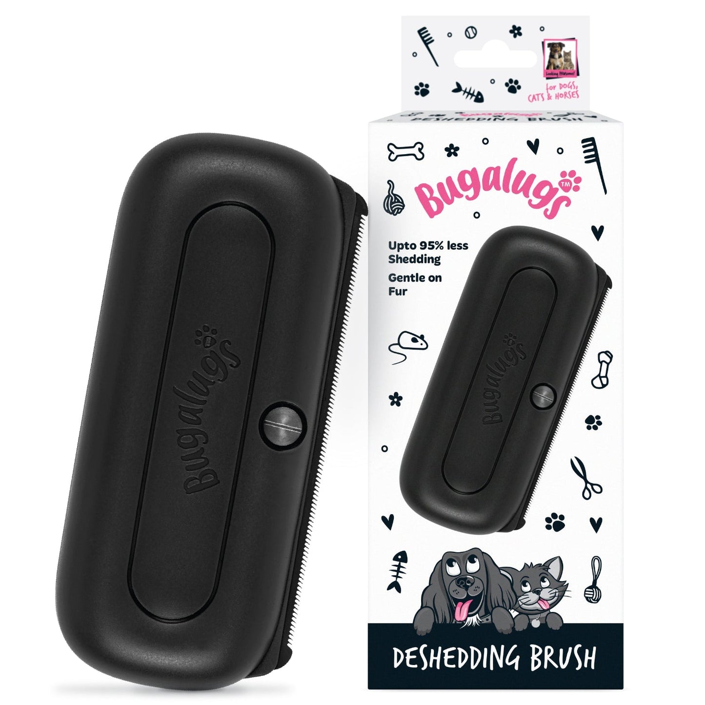 Bugalugs Deshedding Brush for dogs, cats and horses in black