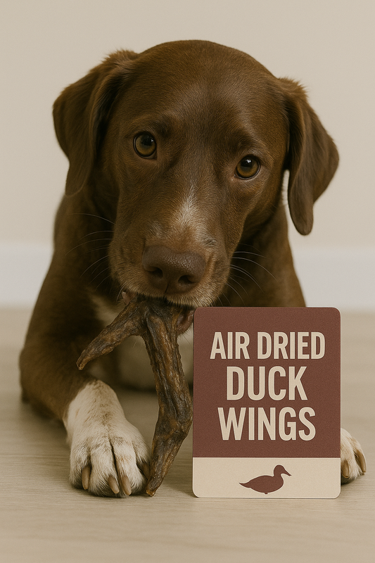 A brown and white dog lying on a wooden floor, chewing on an air dried duck wing, with a product label in front reading "Air Dried Duck Wings" and featuring a duck silhouette, with no weight information displayed.