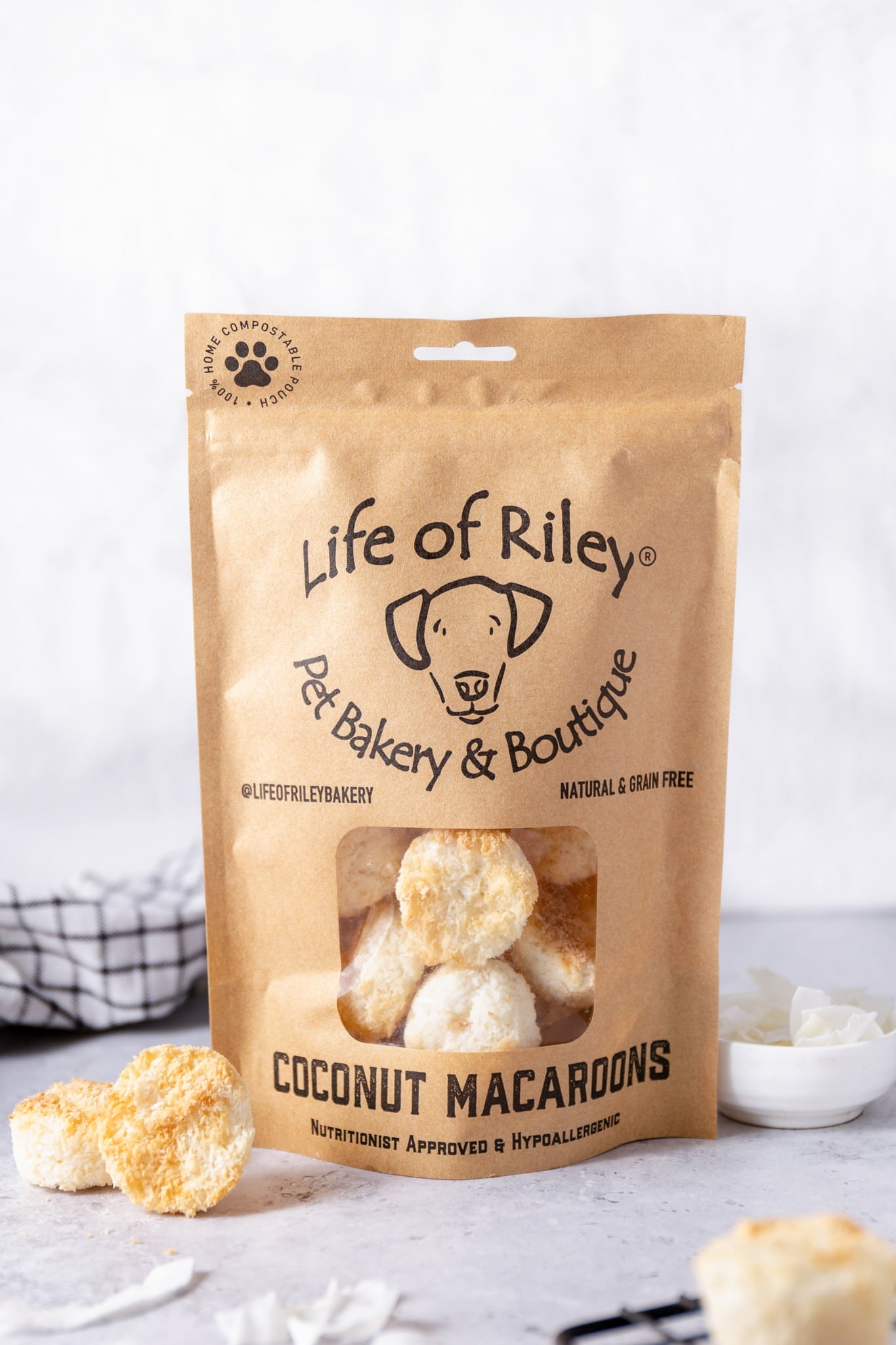 Life of Riley Coconut Macaroons grain-free vegan dog treats styled