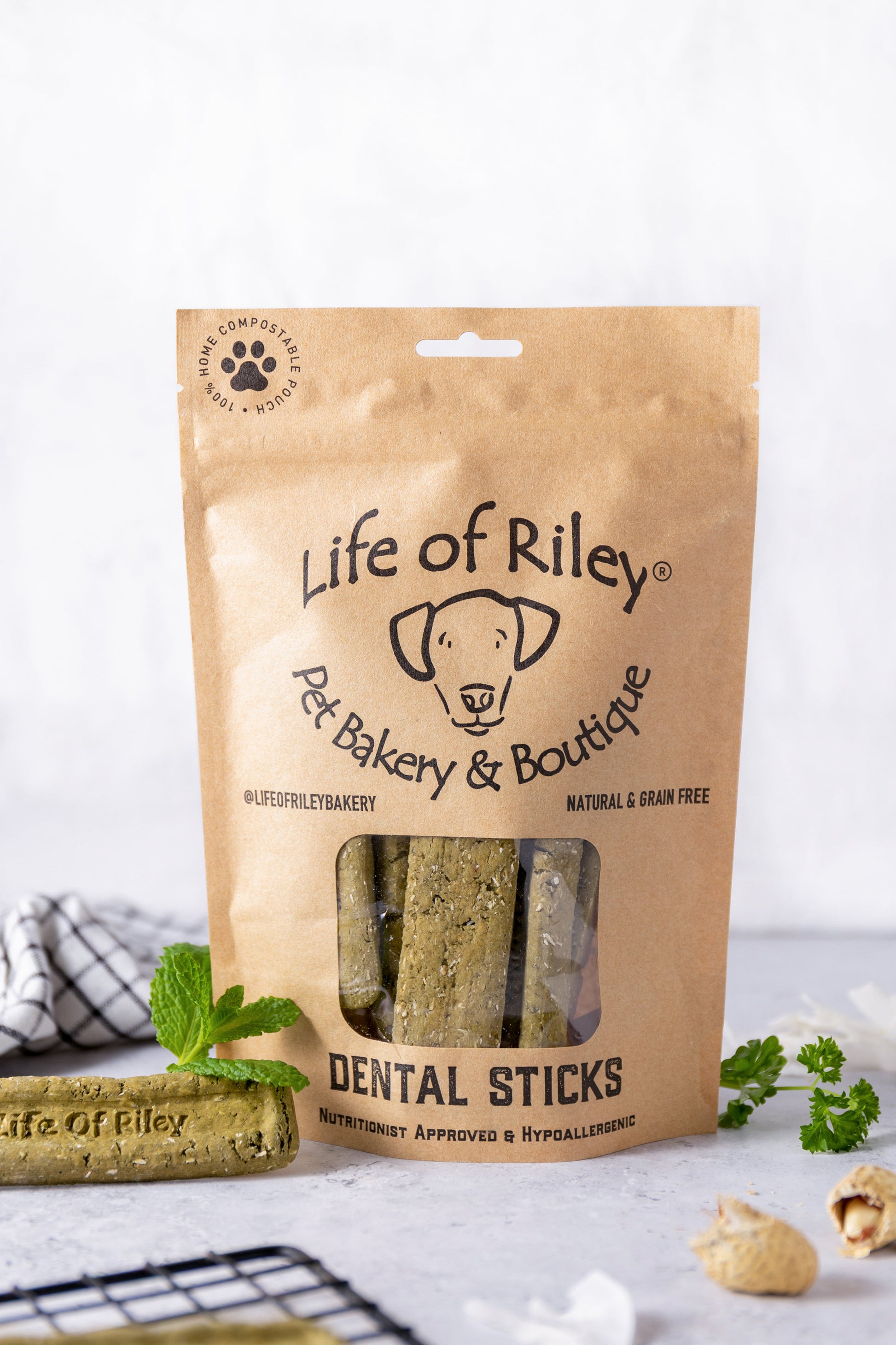Life of Riley Minty Dental Sticks for Dogs — vegan, grain-free natural oral care treats in home-compostable pouch