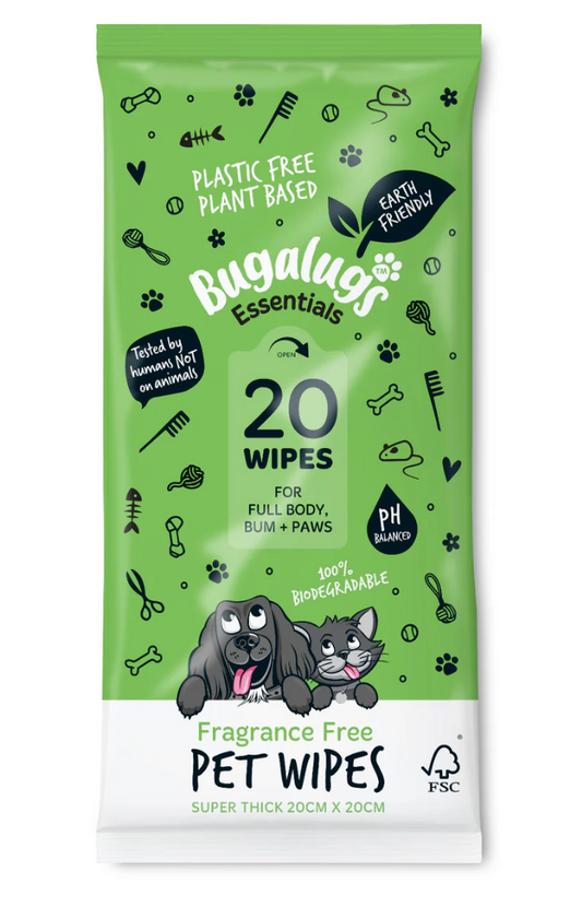 Green package of Bugalugs Essentials pet wipes with illustrations and text on a white background