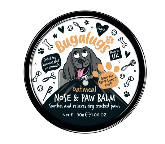 Bugalugs Oatmeal Nose & Paw Balm container with a black border and white background
