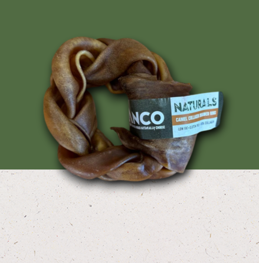 Brown Ostrich dog chew with a label on a green and beige background