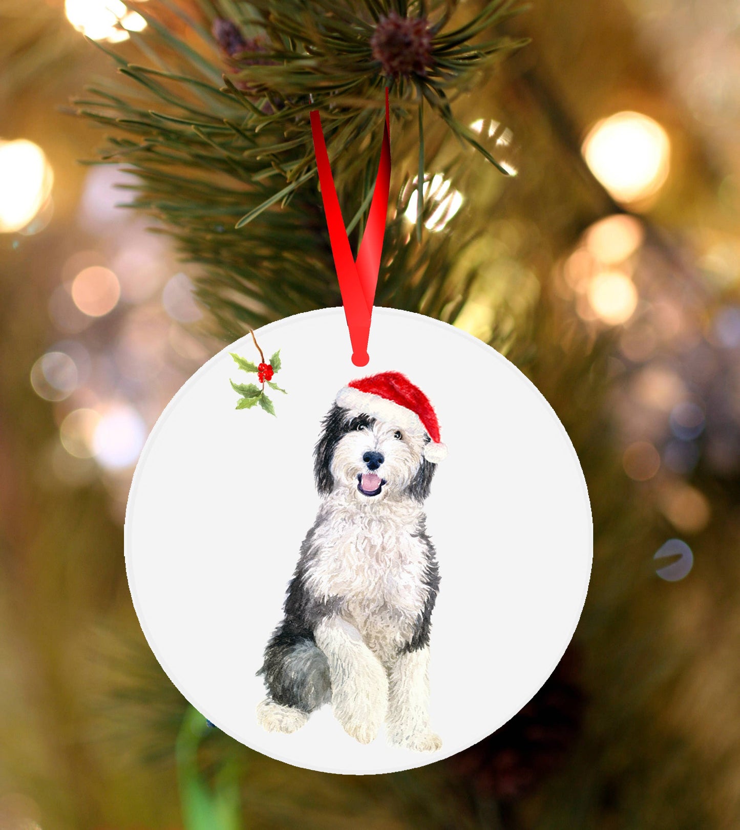Sheepadoodle Christmas decoration, Shep design, ceramic hanging bauble