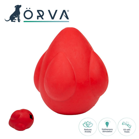 Red dog toy with a smaller red ball on a white background, featuring the Orva brand.