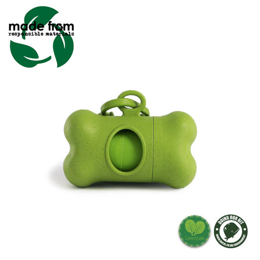 Green bone shaped dog poop bag dispenser with compostable eco dog waste bags