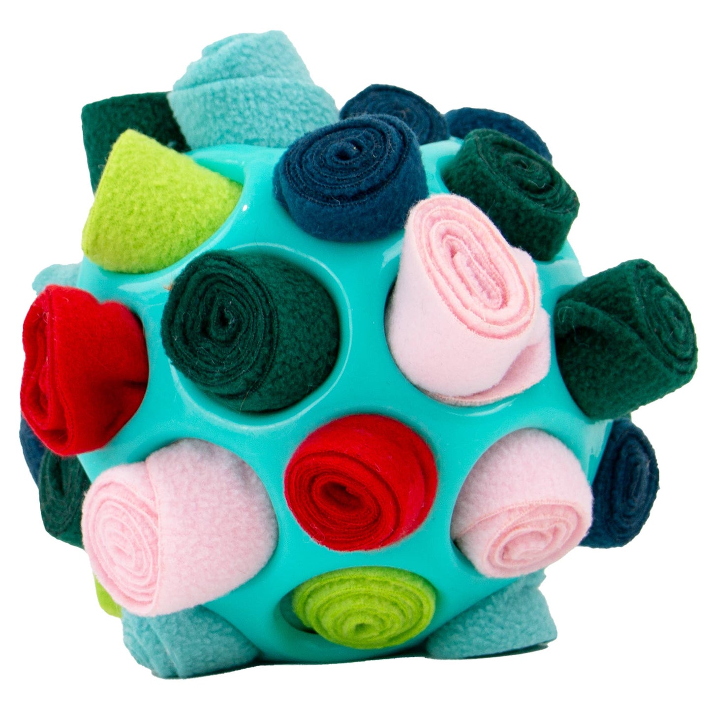 Close-up of Ancol Örva snuffle ball fleece pockets for hiding treats
