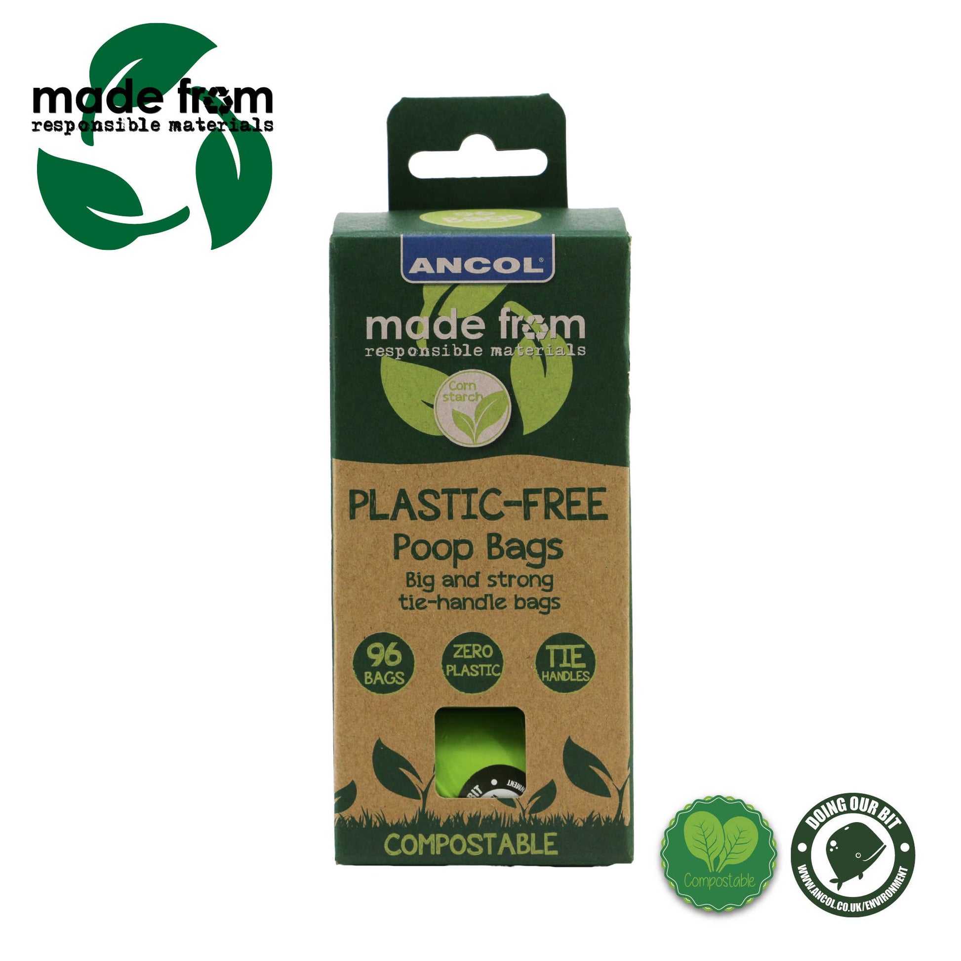 Ancol plastic free poop bags refill pack containing 96 compostable tie handle dog waste bags