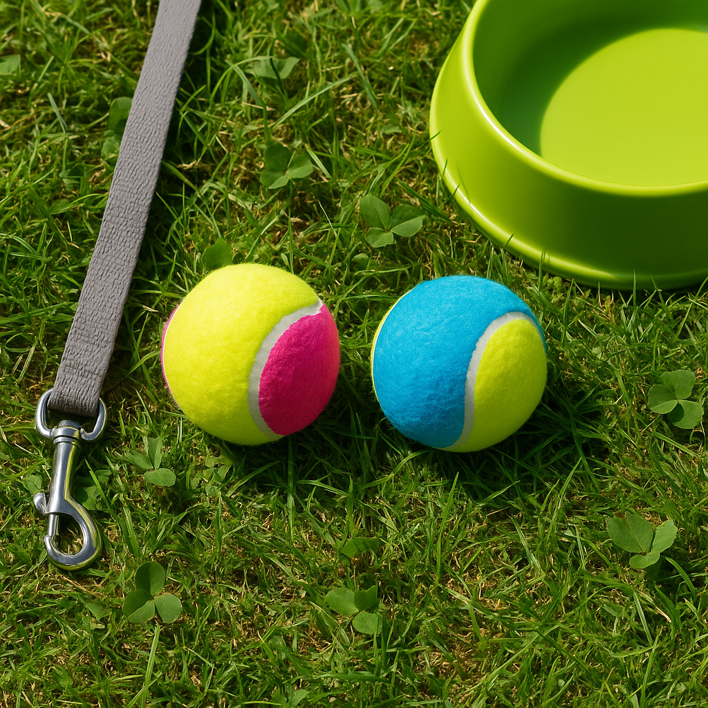 Two colourful Ancol Playtime Chase Tennis Balls for dogs on grass beside a lead and water bowl in natural daylight – playful outdoor flat lay for Hairy Dogs