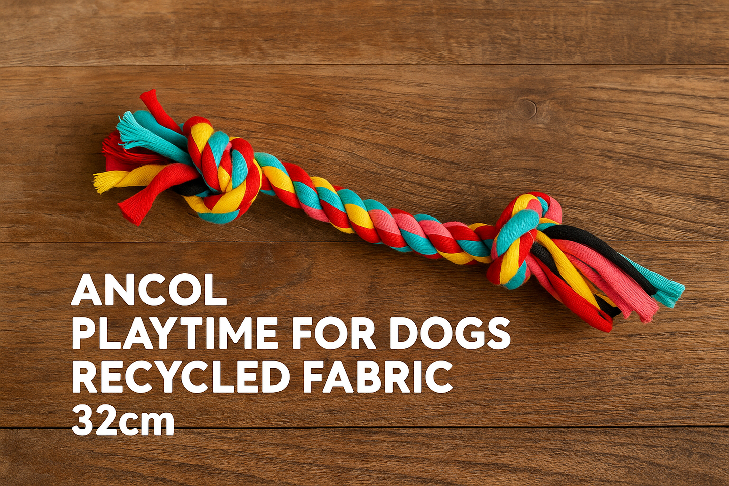 Flat-lay of medium Ancol Playtime multi-coloured dog rope toy made from recycled fabric on wooden surface with eco-style presentation