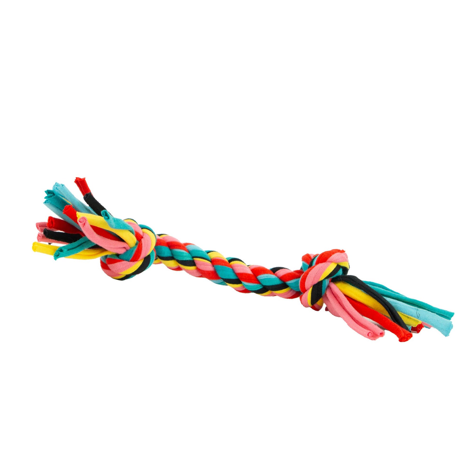 Medium multi-coloured dog rope toy made from recycled fabric in bright colours