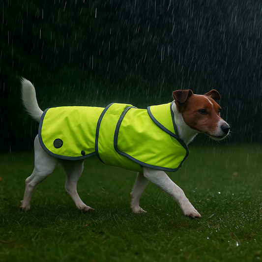 Dog wearing Ancol Stormguard hi-vis coat walking in rain