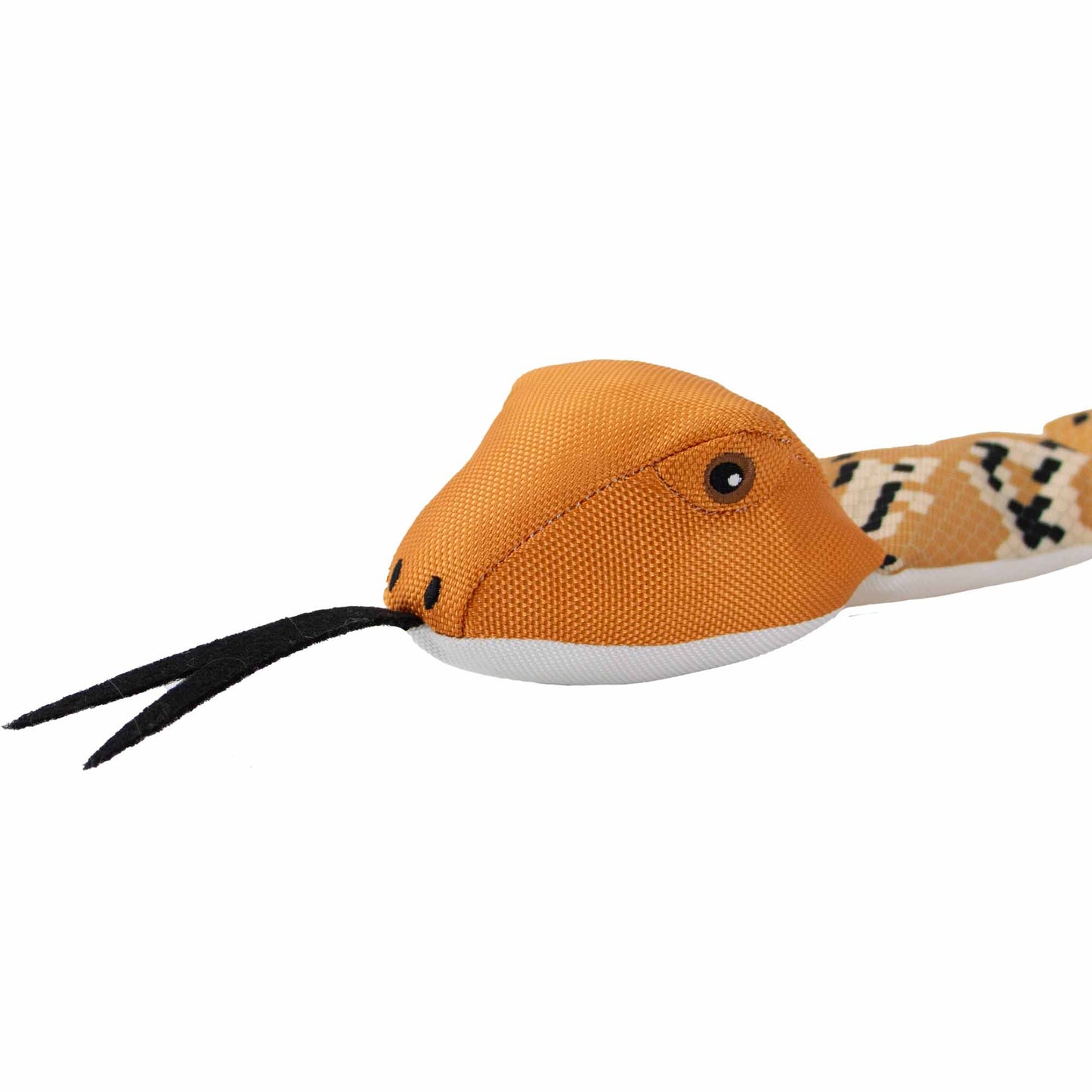 Close-up of Ancol Tough Super Snake dog toy head with squeaker