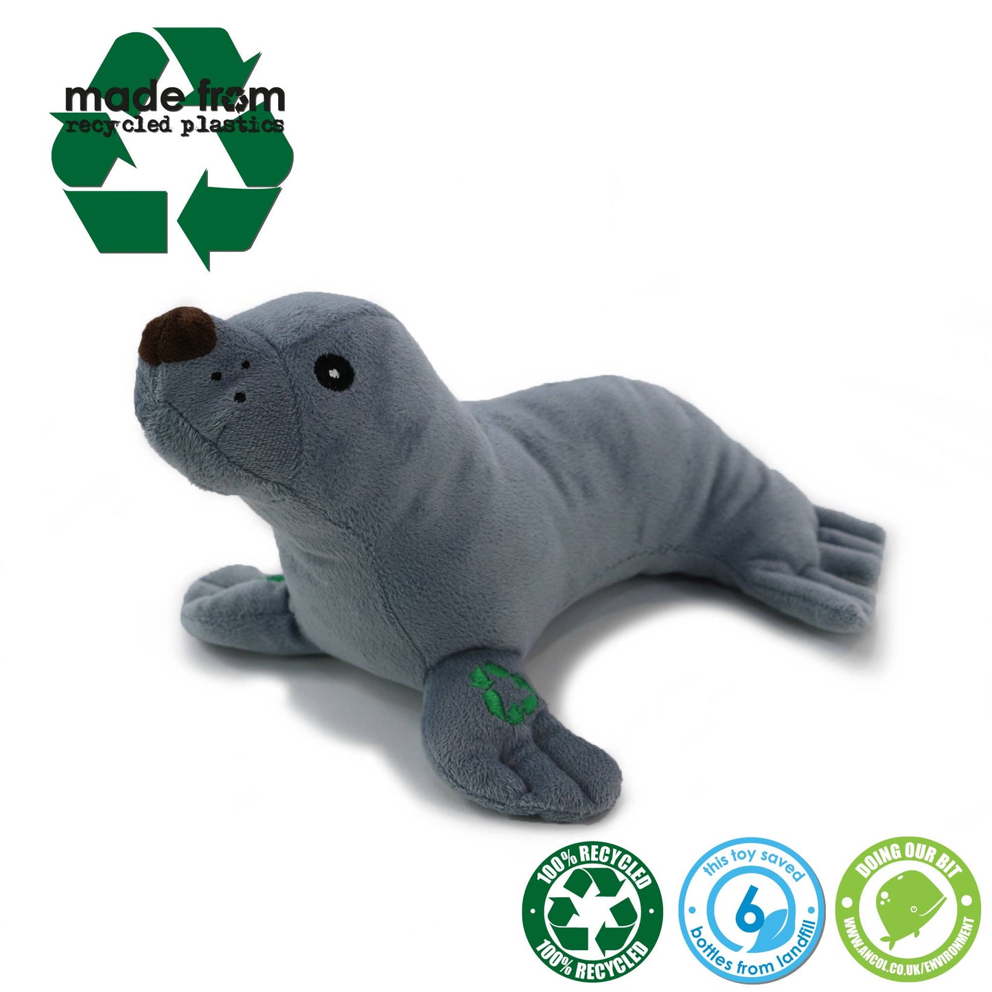 Made From Seal Dog Toy, eco-friendly plush with 100% recycled fabrics and stuffing from plastic bottles, squeaky and cuddly