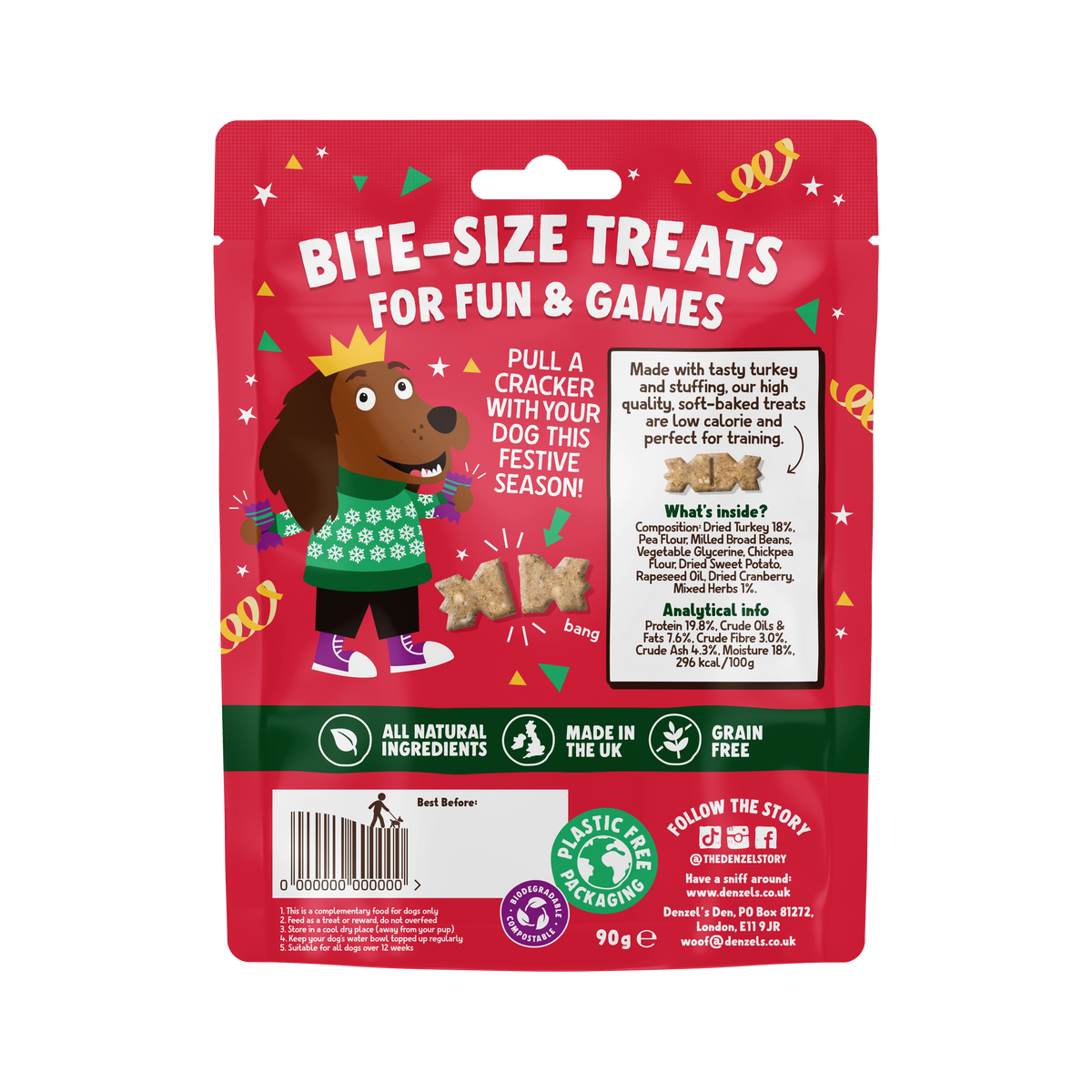 Denzel's Crimbo Crackers dog treats – back of pack
