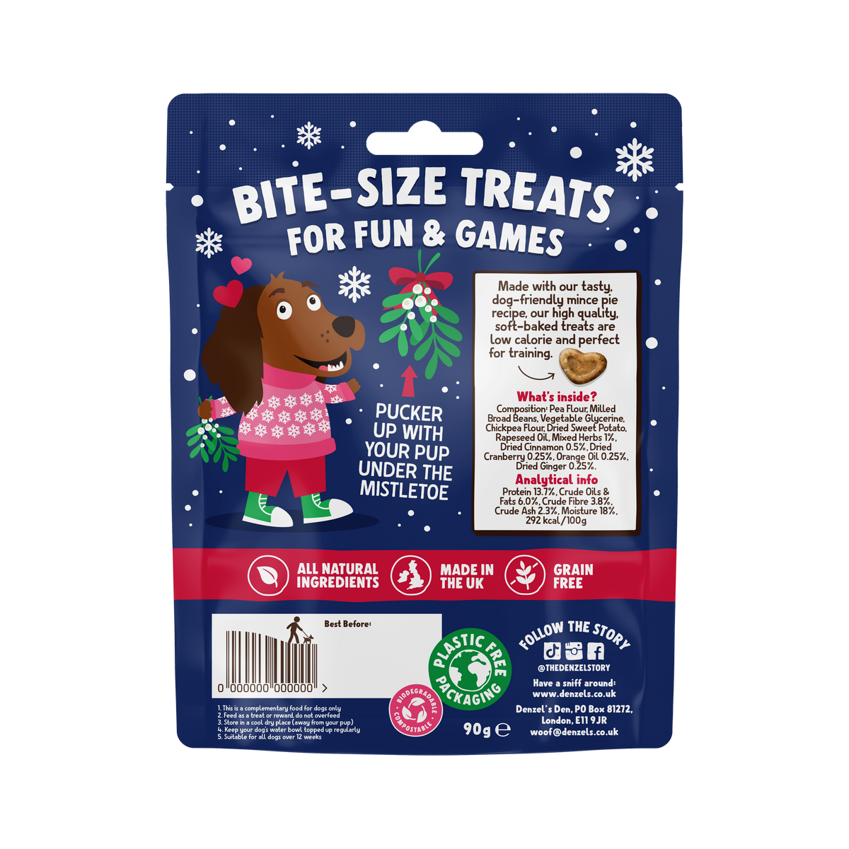 Denzel's Mistletoe Kisses dog treats – back of pack