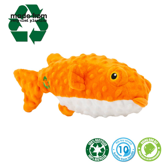 Orange fish-shaped toy made from recycled plastic with recycling symbols on a white background