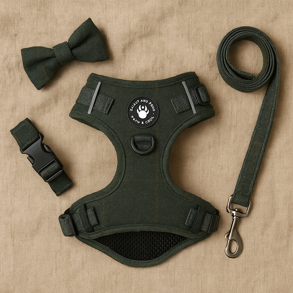 Flat-lay of Bailey & Coco Forest Tweed Dog Harness, lead and bow tie on natural linen backdrop with warm lighting