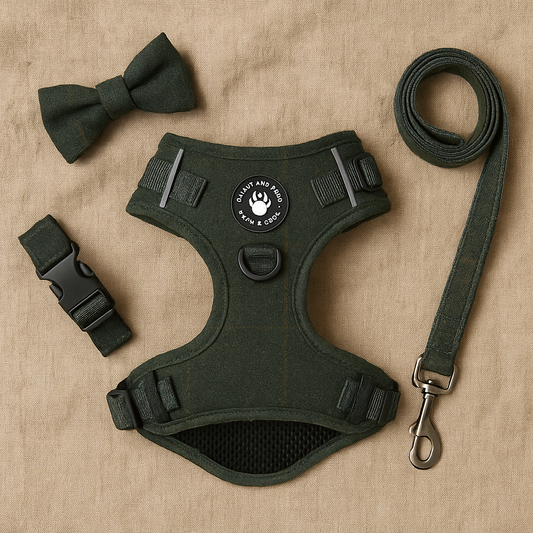 Flat-lay of Bailey & Coco Forest Tweed Dog Harness, lead and bow tie on natural linen backdrop with warm lighting