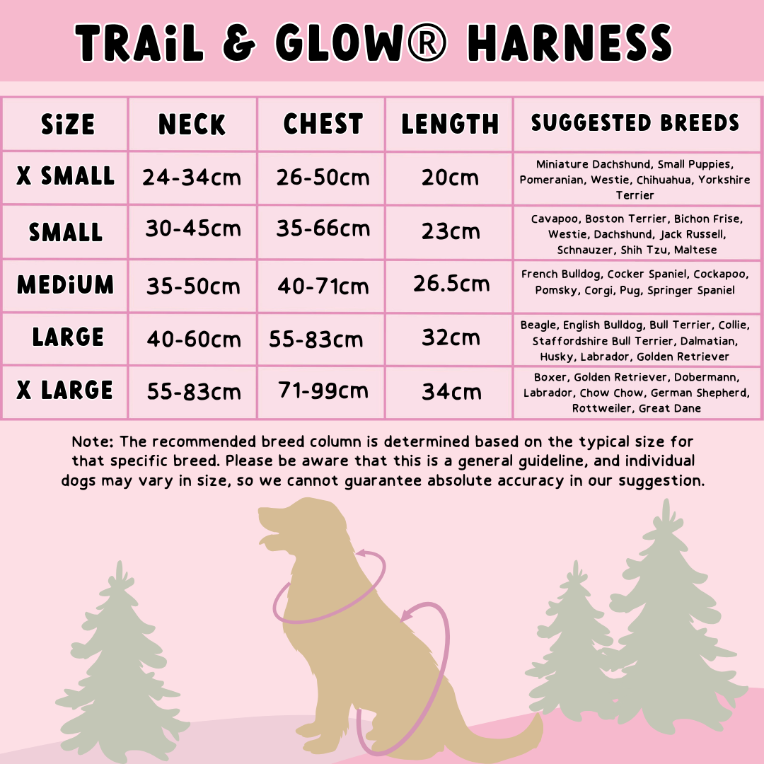 Size chart for Bailey & Coco Trail & Glow Harness XS–XL