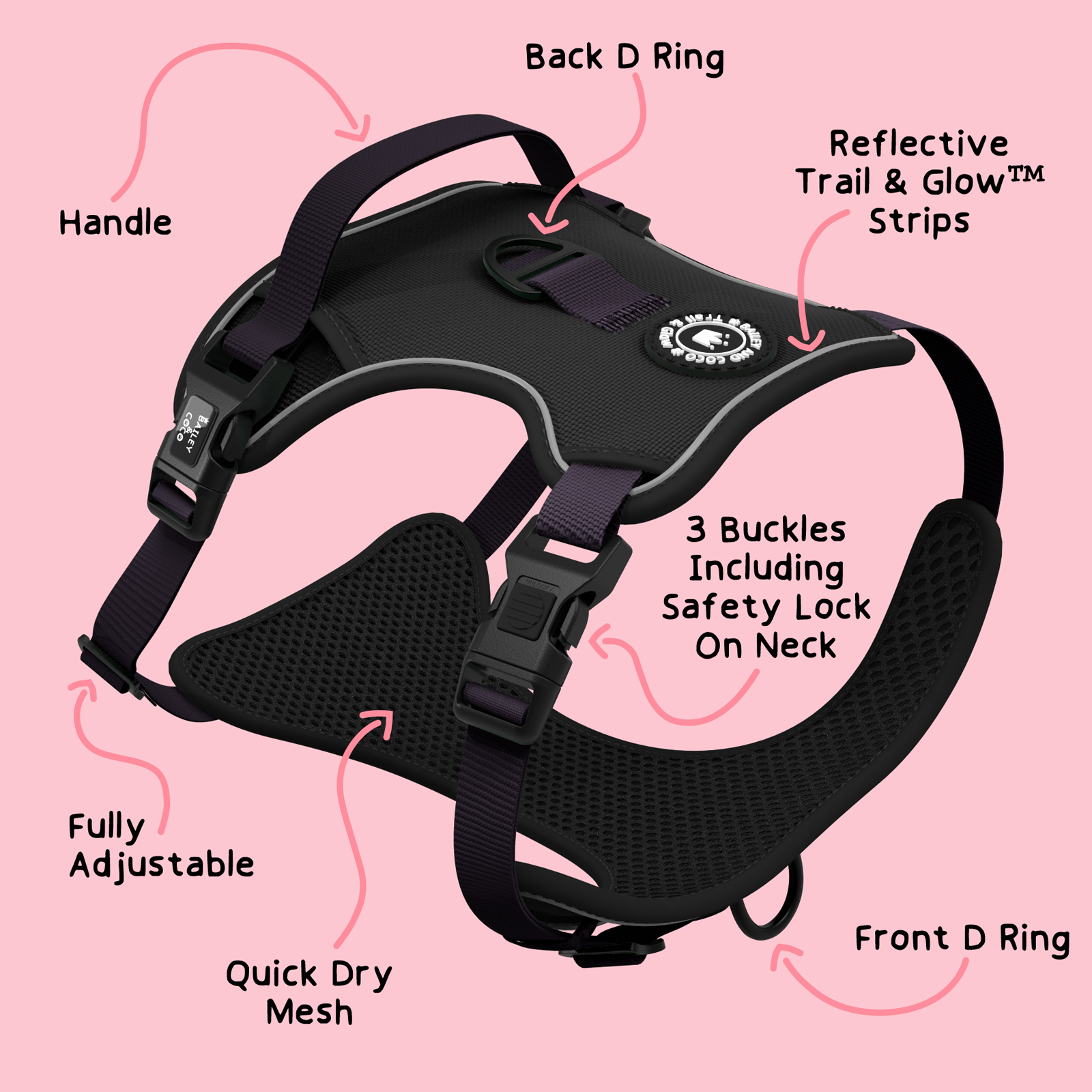 Diagram showing features of Bailey & Coco Trail & Glow Jet Black Harness including reflective strips and lockable buckle