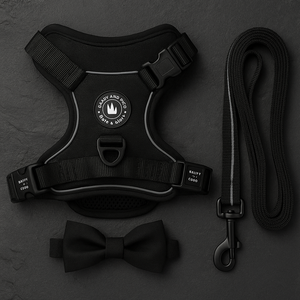 Flat-lay of Bailey & Coco Jet Black Dog Harness, lead and bow tie on dark slate surface with elegant lighting