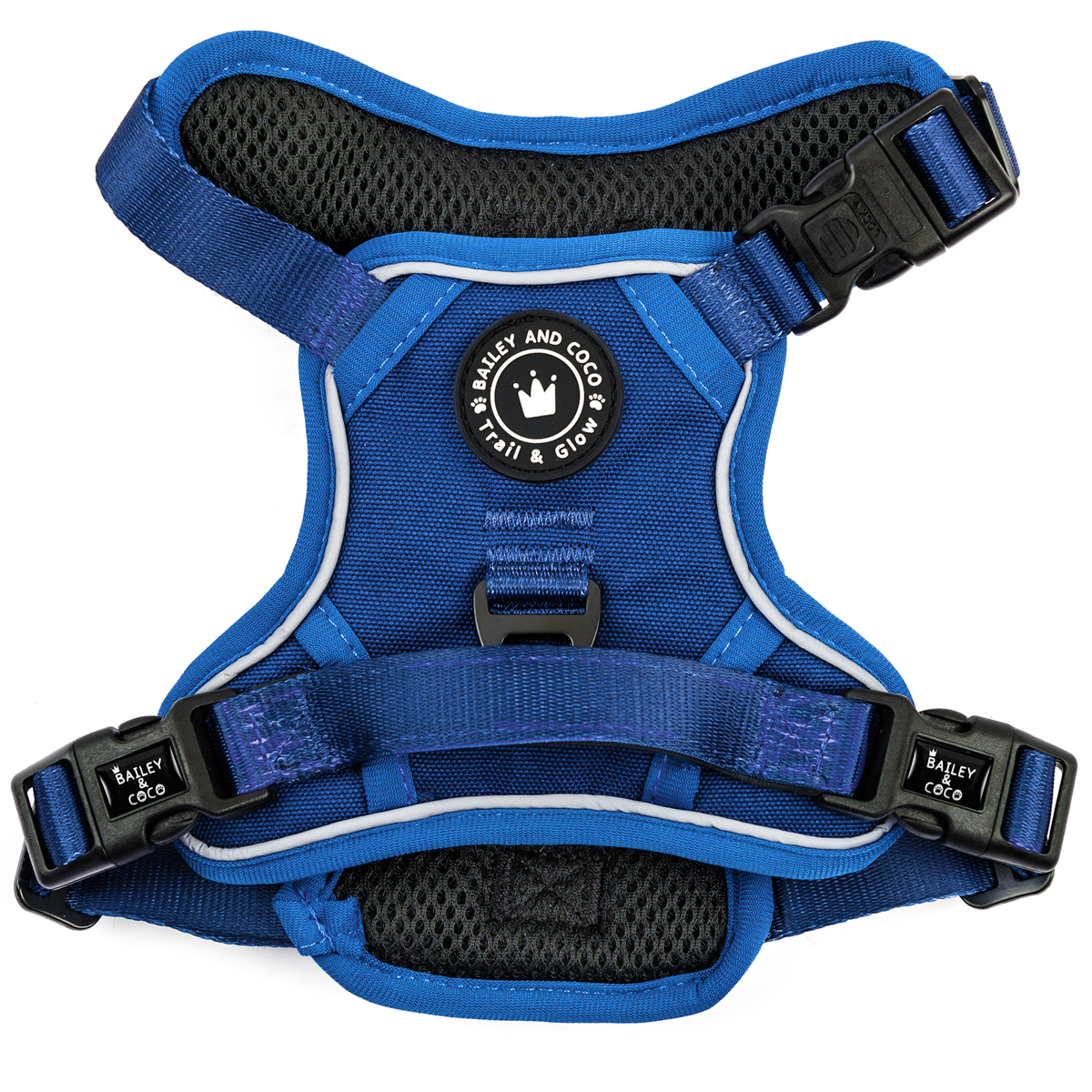 Bailey & Coco Trail & Glow Dog Harness in Ink Blue – reflective, no-pull, fully adjustable harness with handle and dual D-rings.