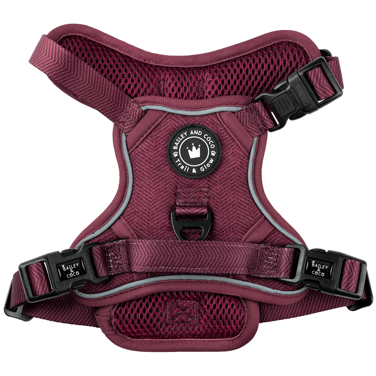 Bailey & Coco Trail & Glow harness in Mulberry Tweed — no-pull, reflective