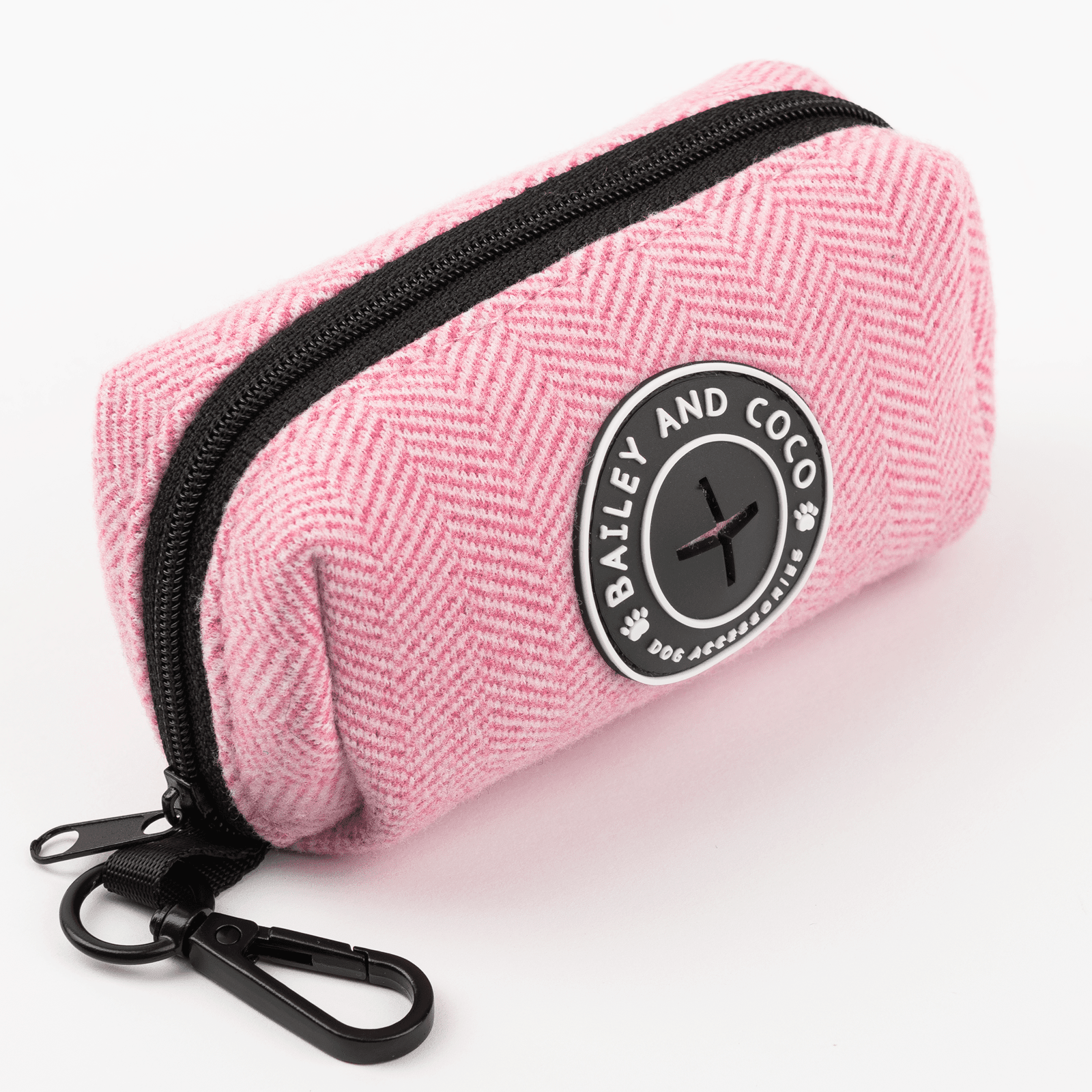 Bailey & Coco poo bag holder in Bubblegum Pink — D-ring lead attachment