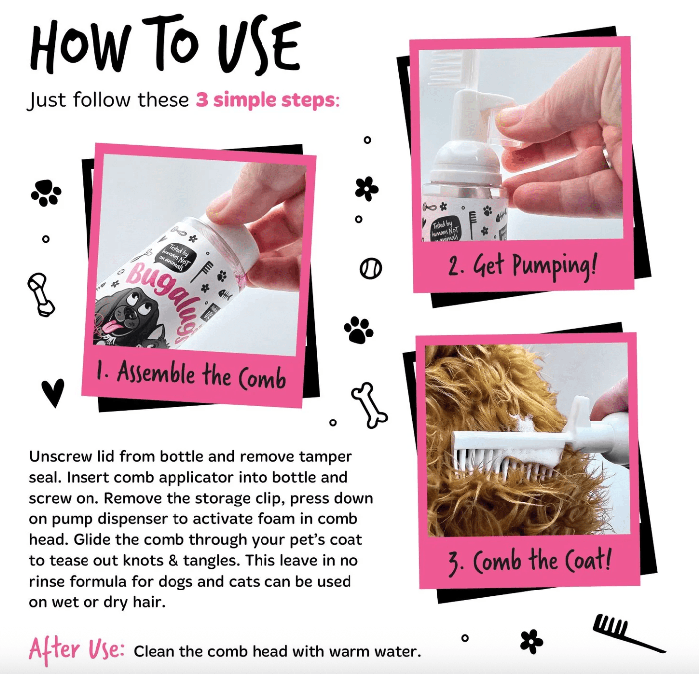 Close-up of Bugalugs detangling foam comb applying conditioning foam to pet coat