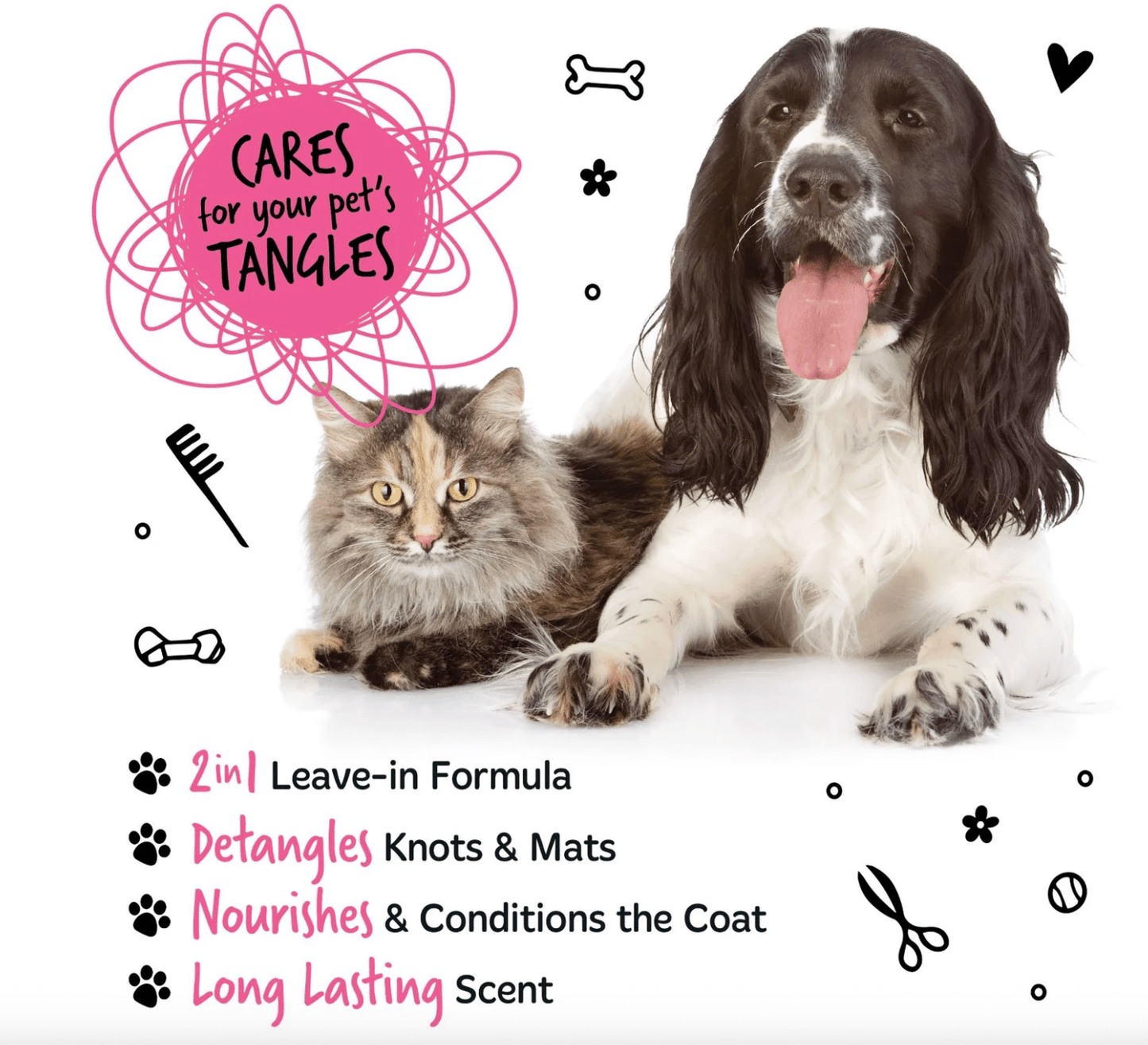 Dog and cat with smooth coats after using Bugalugs Baby Fresh 2-in-1 detangling foam comb