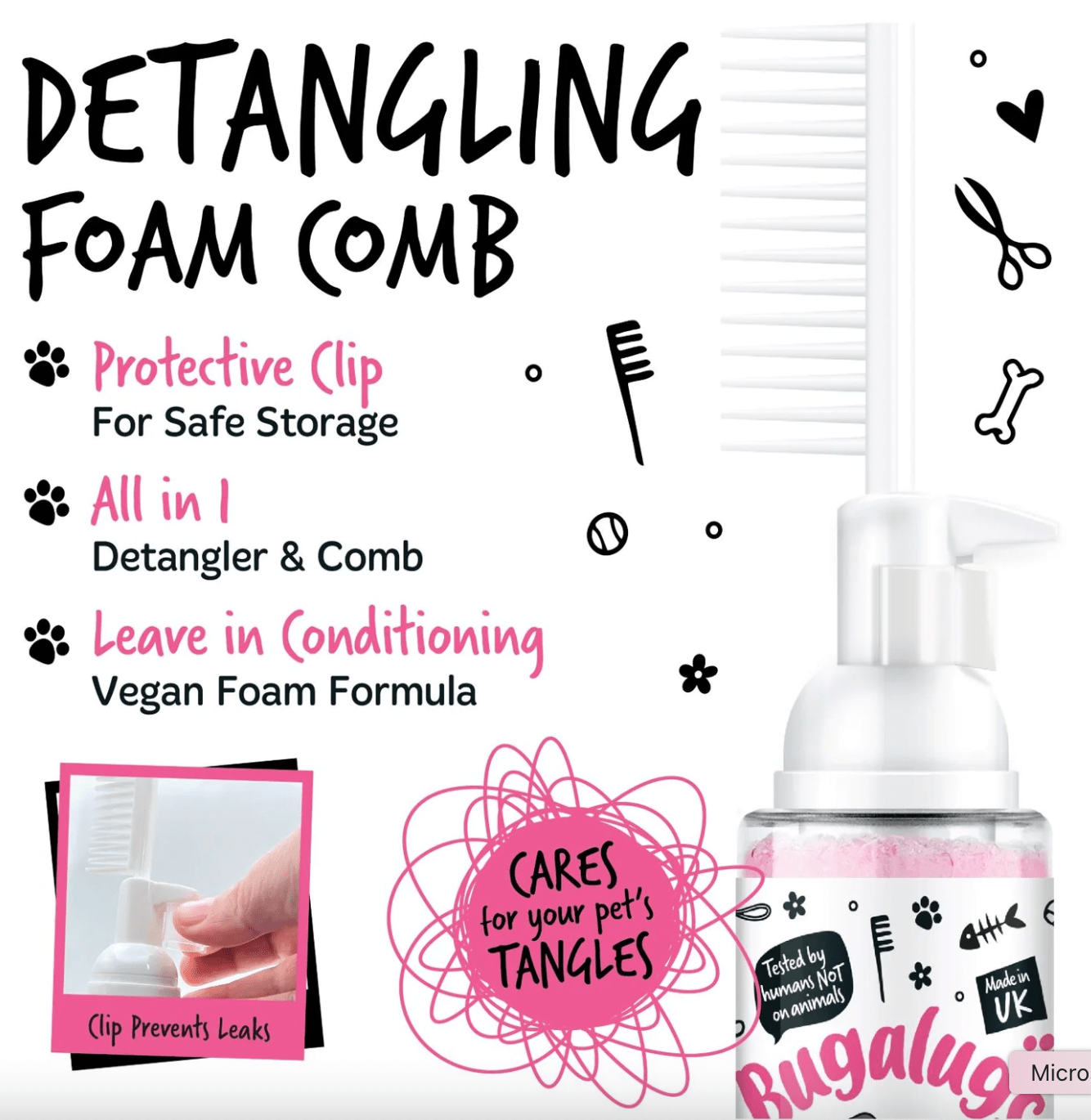 How to use Bugalugs 2-in-1 detangling foam comb showing pump, foam activation and combing