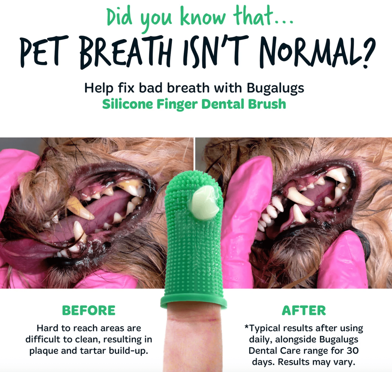Dog teeth before and after using Bugalugs silicone finger toothbrush