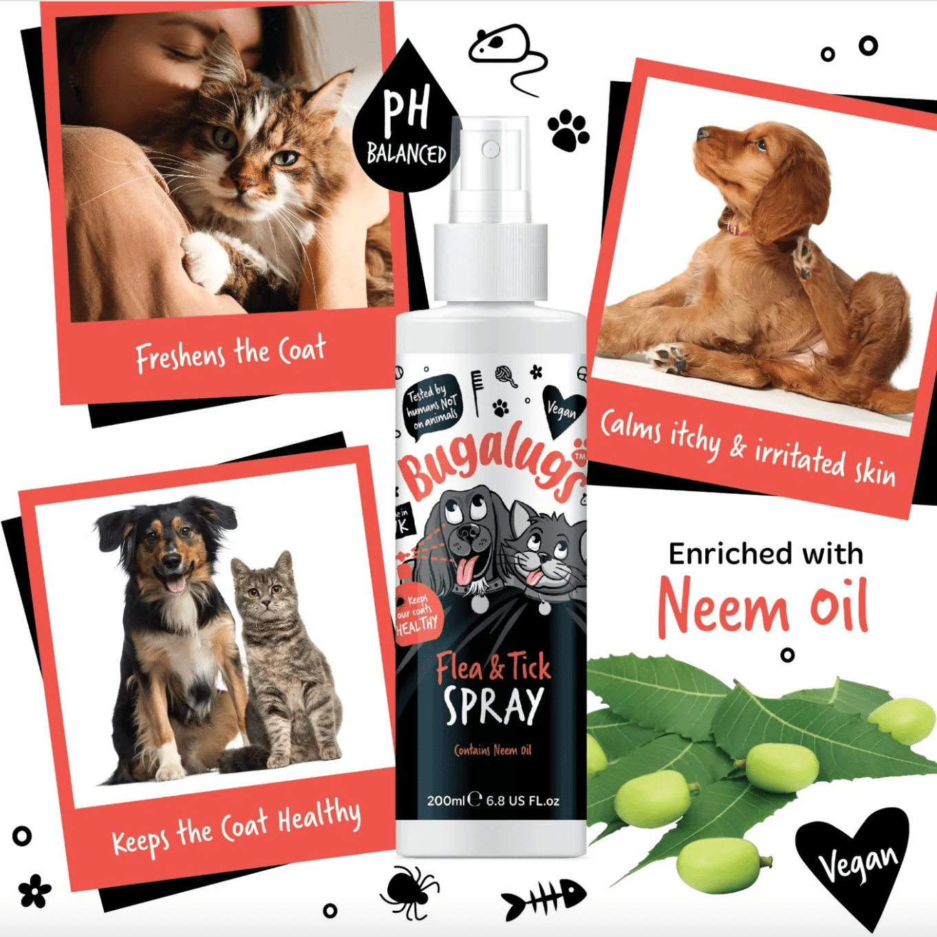 Bugalugs flea and tick spray with neem oil calming itchy skin and promoting a healthy coat