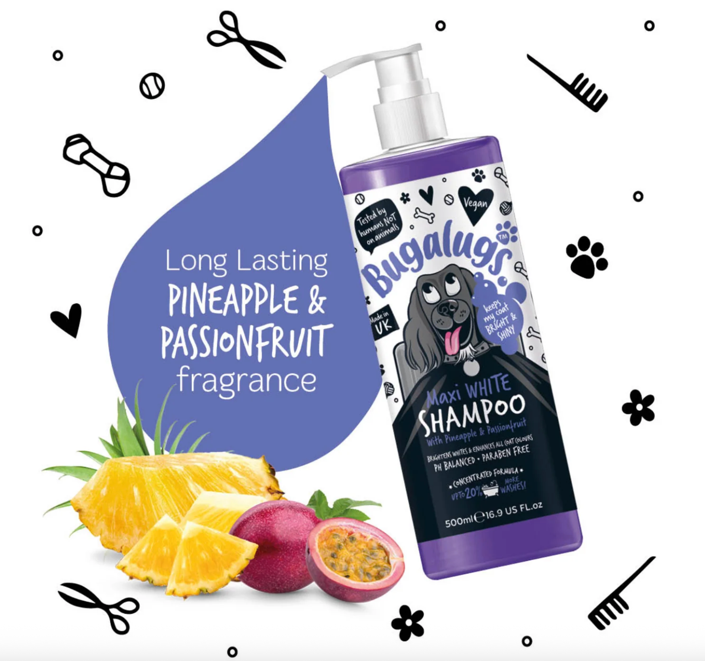 Pineapple and passionfruit fragrance in Bugalugs Maxi White shampoo