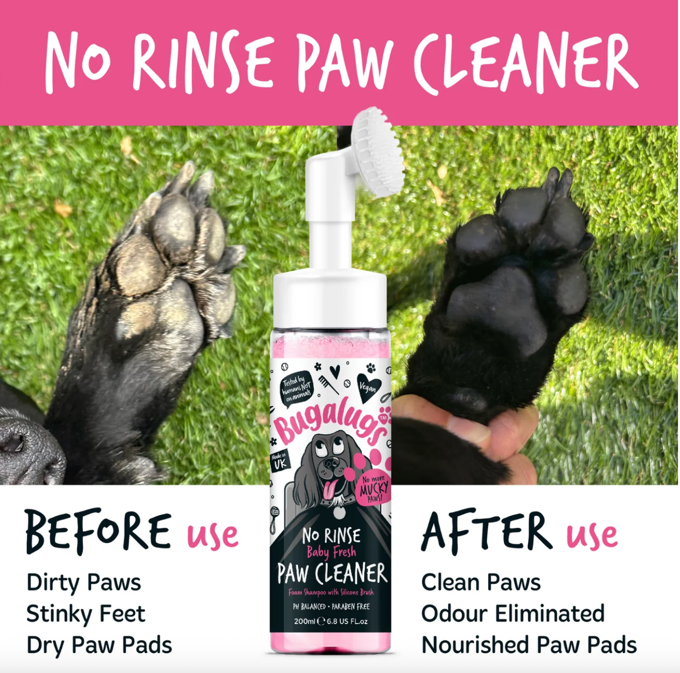 Before and after results showing dirty dog paws cleaned using Bugalugs Baby Fresh No Rinse Paw Cleaner