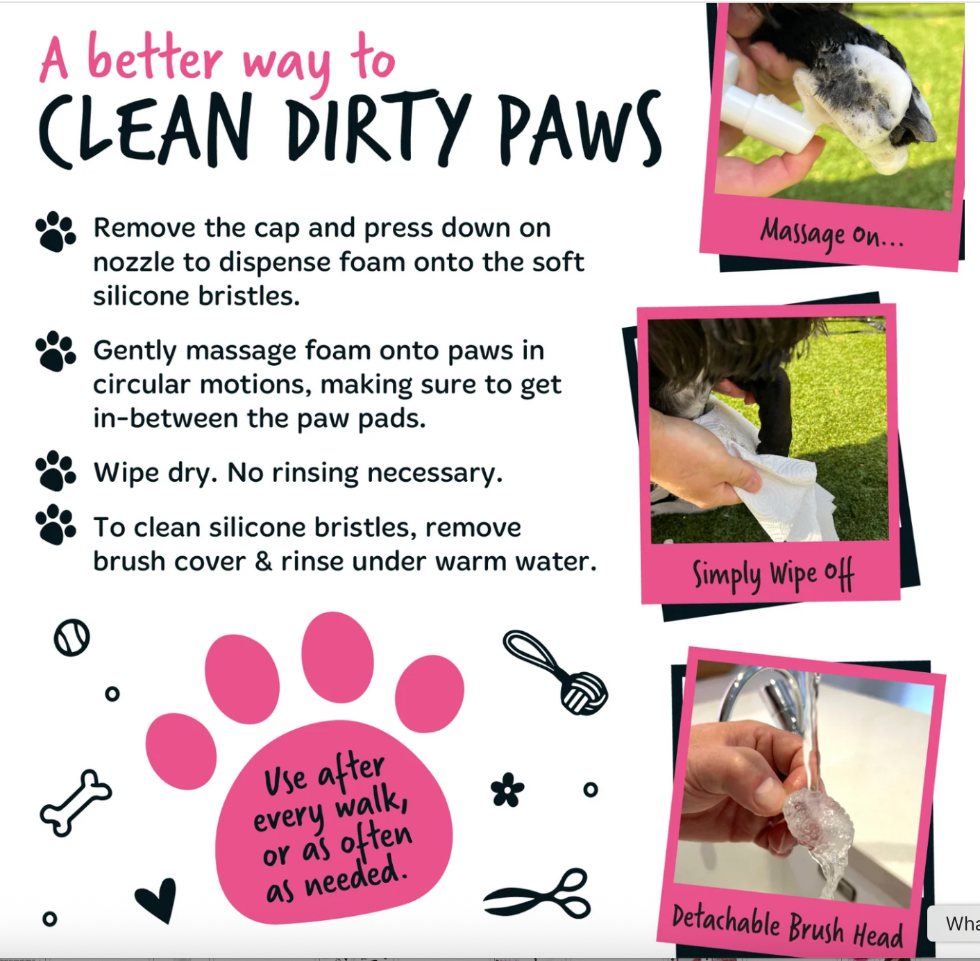 How to use Bugalugs No Rinse Paw Cleaner showing pump, scrub and wipe steps with silicone brush
