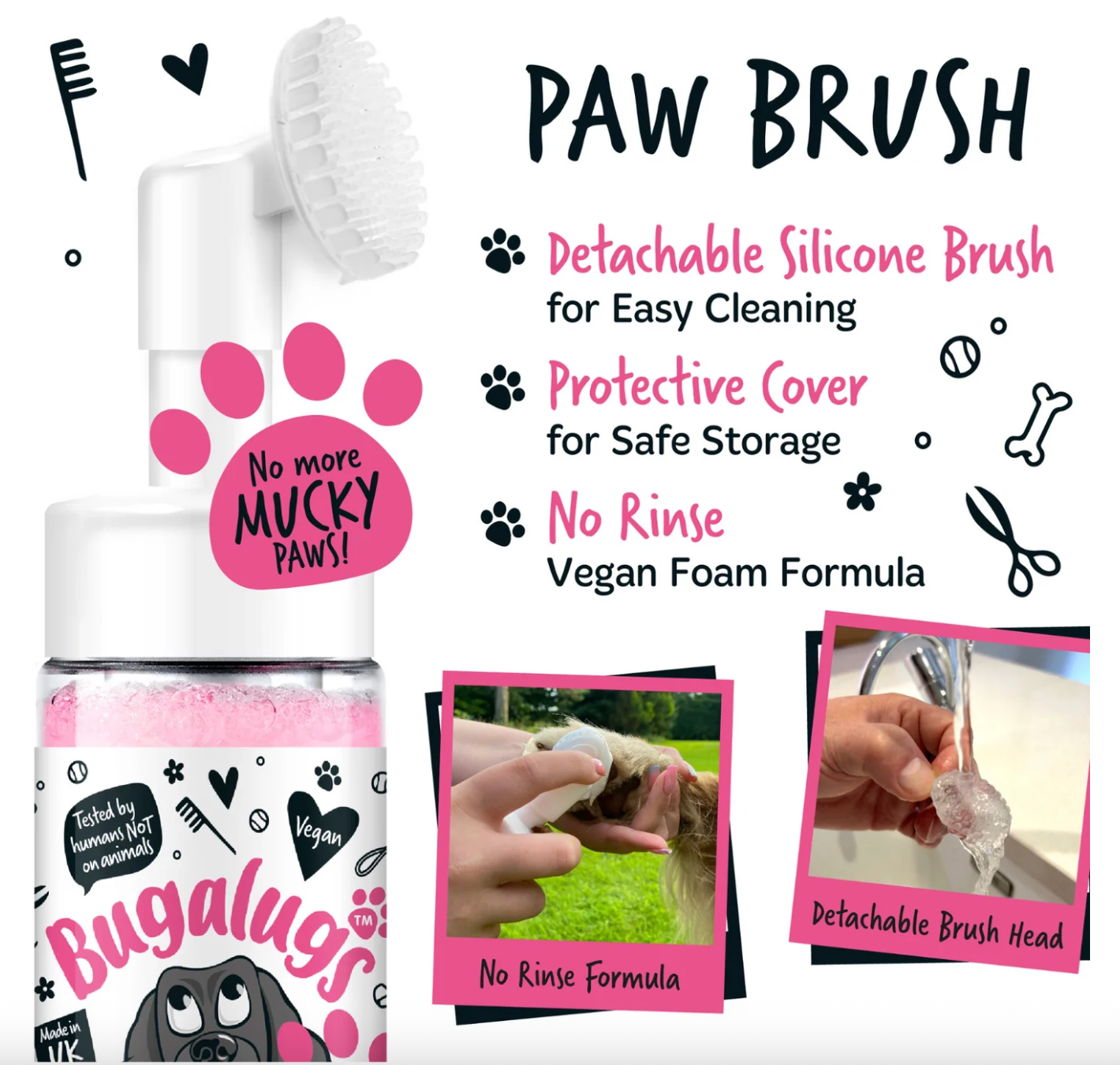 Detachable silicone brush head on Bugalugs No Rinse Paw Cleaner for gentle and effective paw cleaning
