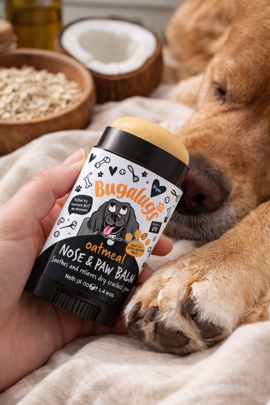 Dog paw and nose moisturised with Bugalugs oatmeal nose and paw balm