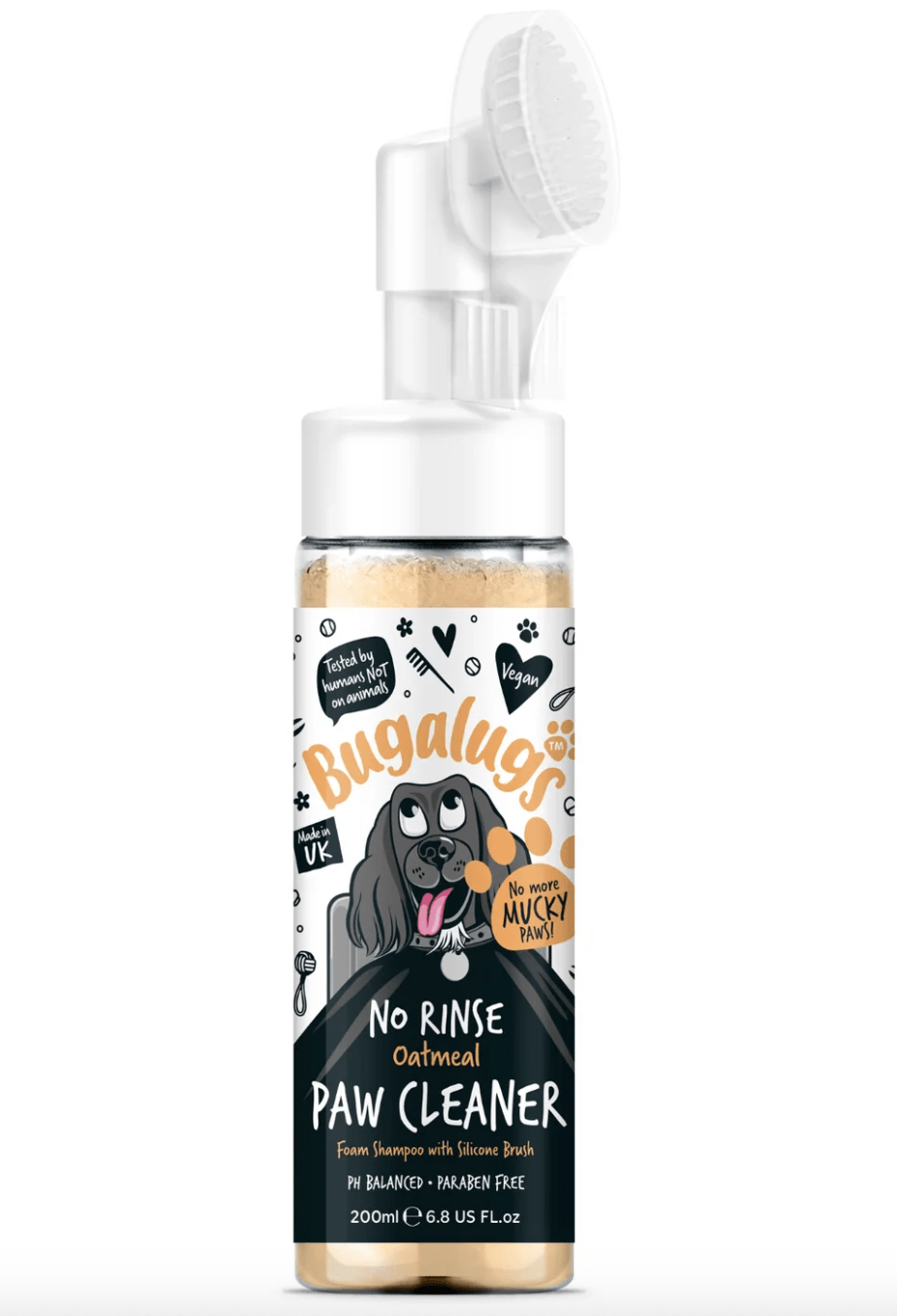 Bugalugs Oatmeal No-Rinse Paw Cleaner for dogs and cats with built-in silicone brush, 200ml