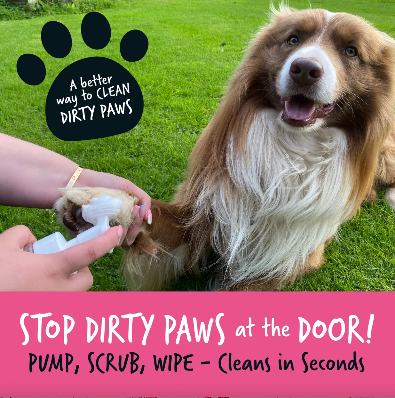 Using Bugalugs No Rinse Paw Cleaner to clean a dog’s muddy paws outdoors after a walk