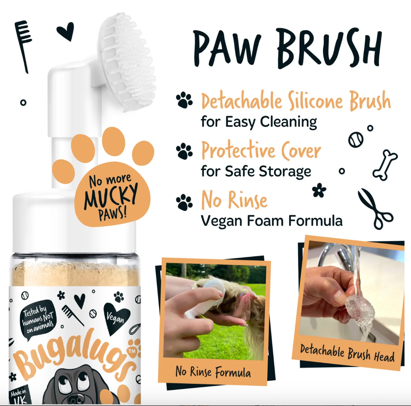 Foam dispensed from Bugalugs oatmeal no-rinse paw cleaner ready for mess-free paw cleaning