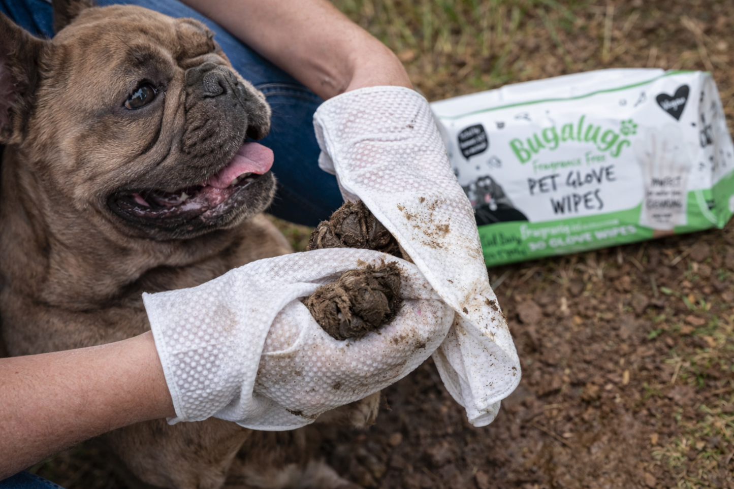 Cleaning muddy dog paws with Bugalugs pet glove wipes