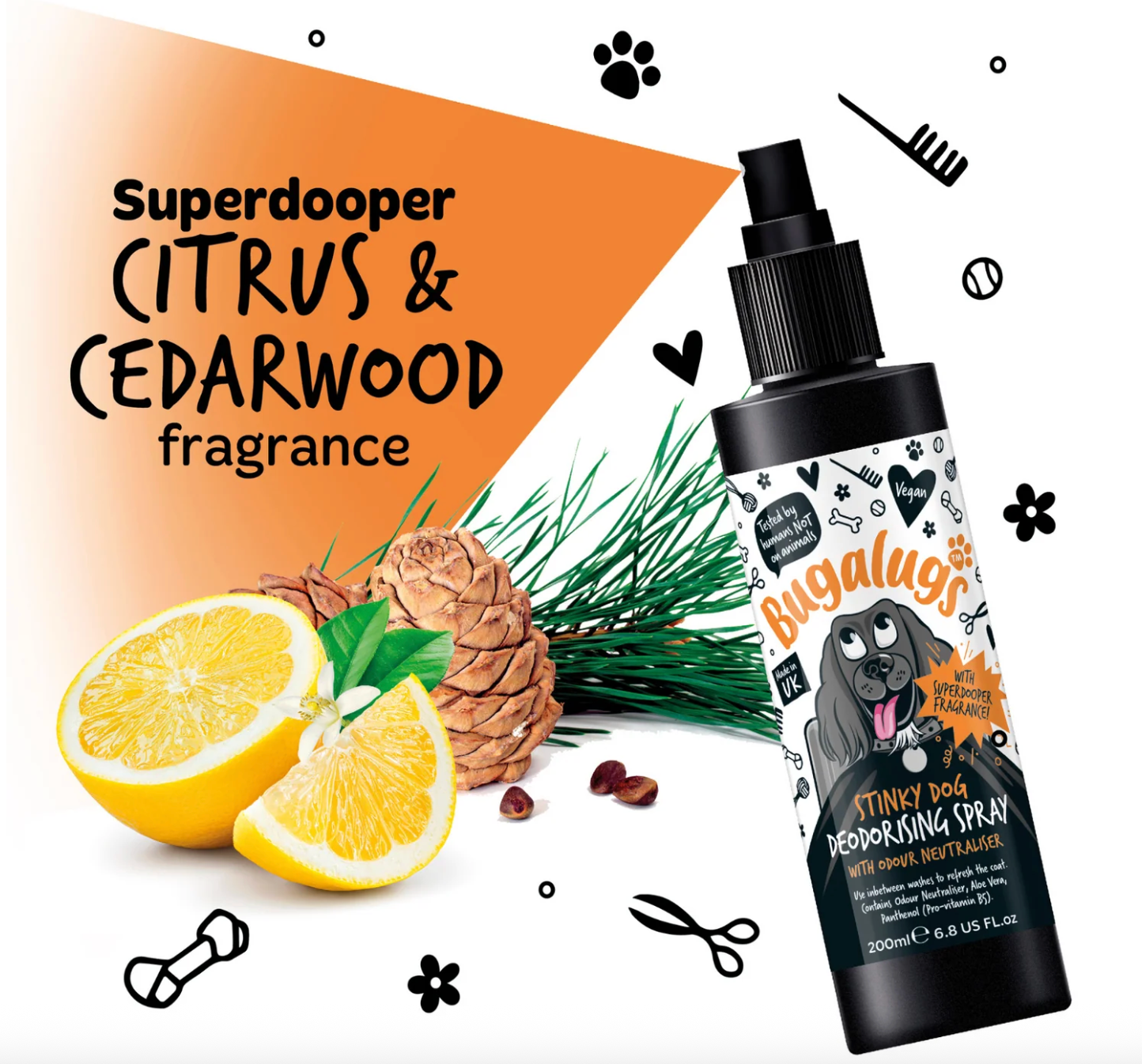 Bugalugs stinky dog spray with citrus and cedarwood fragrance notes