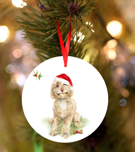 Ceramic Cavapoo/Cockapoo Christmas ornament with watercolour dog illustration and red ribbon