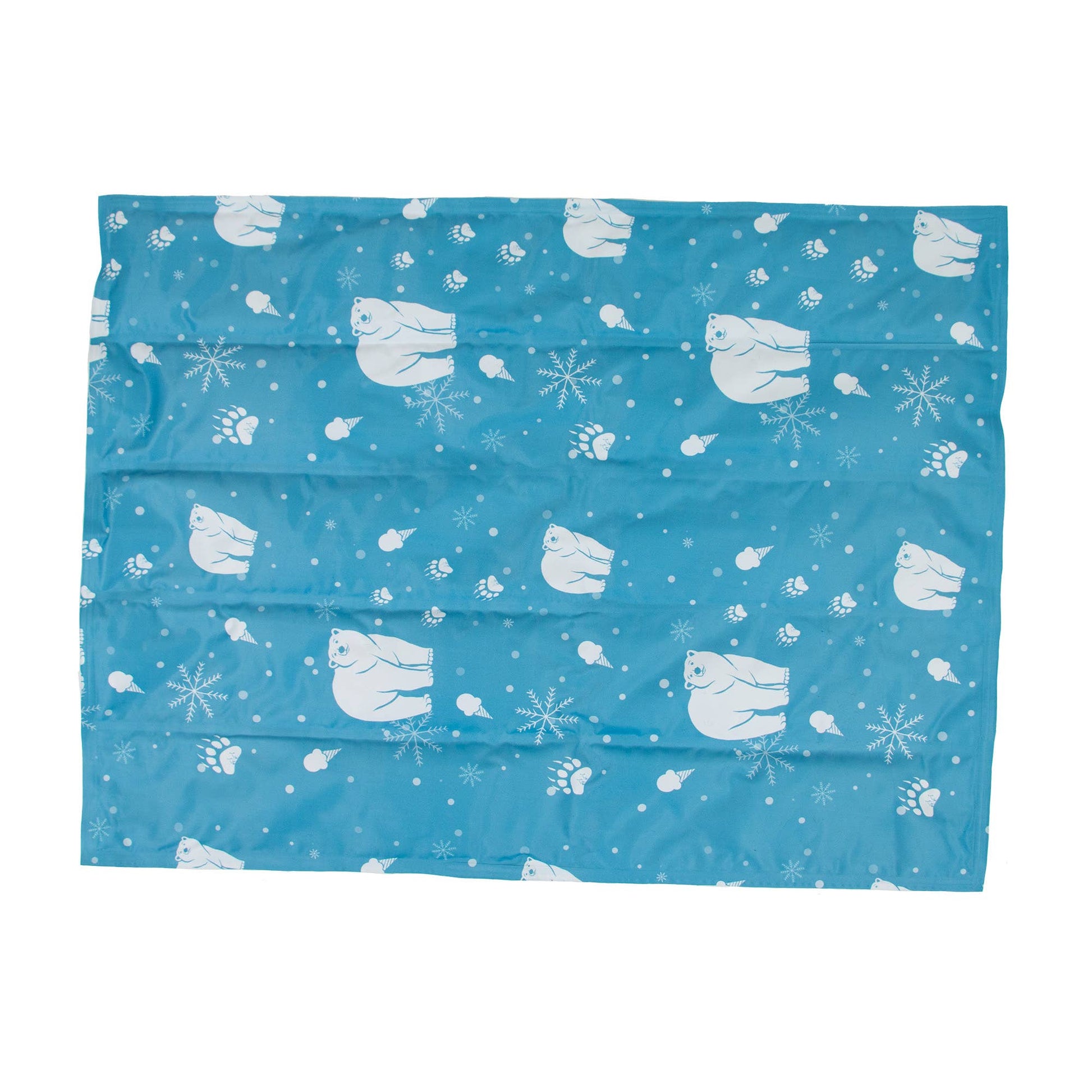 Large Ice Paws Cooling Mat with blue polar bear pattern, 60×90cm, reusable dog cooling pad with gel core.