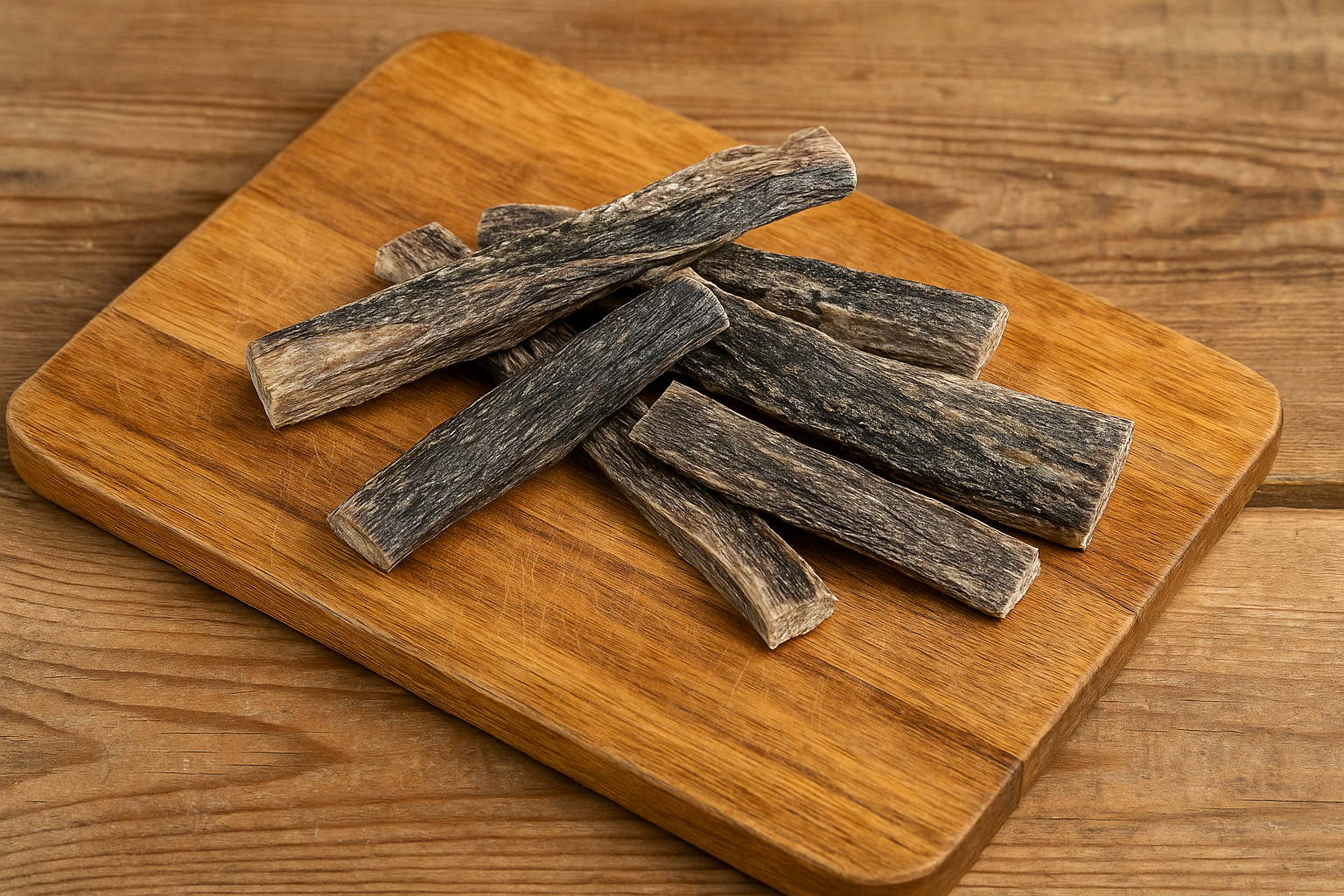 Flat-lay of crocodile meat dog chews arranged on rustic wooden board with warm natural lighting showing detailed texture