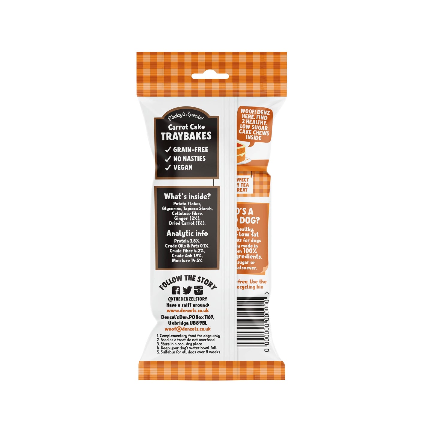 Back of Denzel's Carrot Cake Tray Bakes dog chews pack showing the 2 chew format and carrot cake flavour