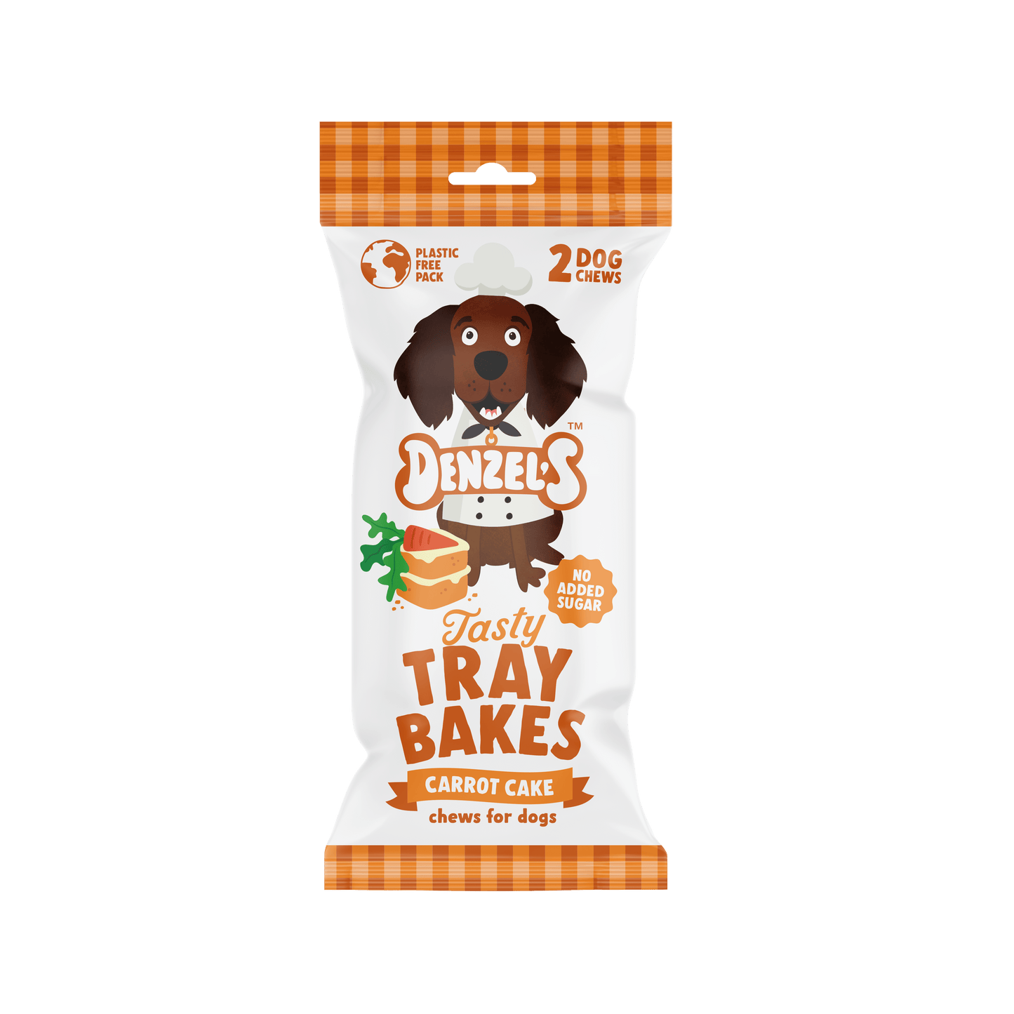 Front of Denzel's Carrot Cake Tray Bakes dog chews pack showing the 2 chew format and carrot cake flavour